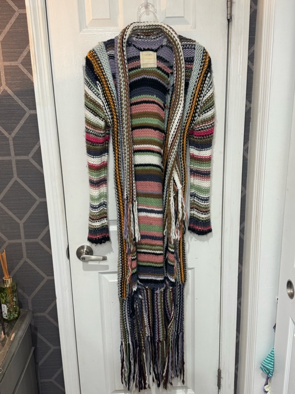 *RARE* Free People Tparty Technicolor Multicolor Knit Long Cardigan w/ fringe - Picture 9 of 14